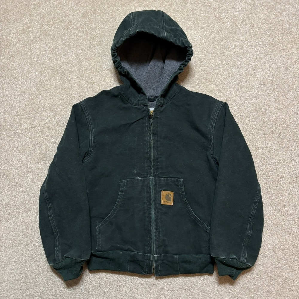 Vtg Carhartt Jacket Boys Small 6/7 Spruce Green Canvas Hooded Active YYJ169 SPC